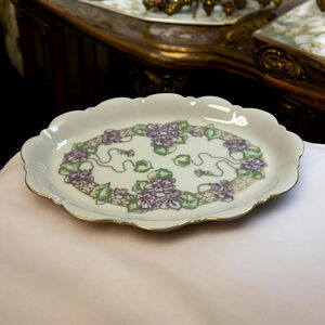 Pickard China Hand Decorated Scalloped Oval Plate Violet Floral Gold Trim USA 8”